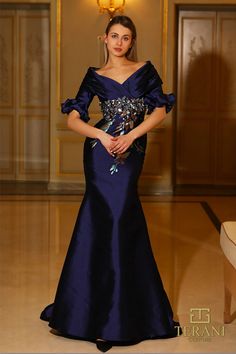 Terani Couture 242M3368 Fall 2024 collection long evening dress. Fitted Gowns, Evening Gowns With Sleeves, Plastic Dress, Blue Dress Formal, Terani Couture, Stunning Gowns, Dress Cover, Evening Dresses Long, Jacquard Fabric