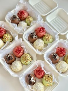 six plastic containers filled with different types of desserts