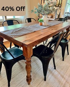 Pictured with a 6' L x 36 W Rustic Farm Table stained Early American. Pictured with 6 Matte Black Metal Dining Chairs. Black Metal Dining Chairs, Rustic Farm Table, Farm Dining Table, Real Wood Furniture, Stained Table, Dining Table Rustic, Farmhouse Decor Kitchen, Farmhouse Kitchen Tables, Primitive Furniture