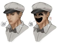 two drawings of a man wearing a hat and bow tie with different facial expressions on his face