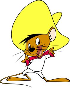 a cartoon mouse wearing a yellow hat and red scarf, with his arms out in the air