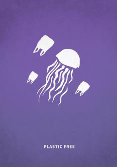 a purple poster with white jellyfish floating in the water and text that reads plastic free