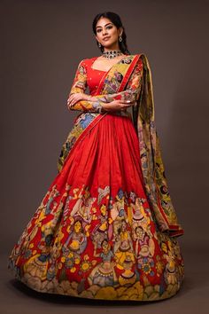 Buy Red Chennur Silk Hand Painted Kalamkari Ajantha Geometric Gathered Lehenga Set For Women by aindhri by mahitha Online at Aza Fashions. Gathered Lehenga, Lehenga Designs Latest, Painted Dupatta, Cape Lehenga, Cancan Lehenga, Kurta Lehenga, Painted Patterns, Half Saree Designs