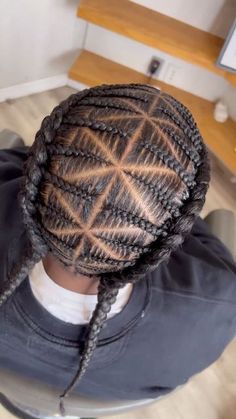 Men’s 2 Braids Hairstyles, Two Braids With Design Men, Men Braided Ponytail, Male Braided Hairstyles Black, Male Freestyle Braids