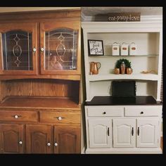 an old china cabinet has been refinished with new paint and wood trimming