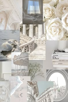 a collage of white flowers and architecture