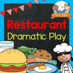 a restaurant dramatic play with an image of a hamburger and other foods on the table