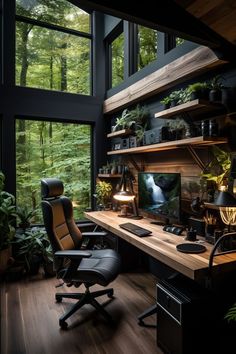 a home office with large windows and lots of plants on the desk, along with a computer