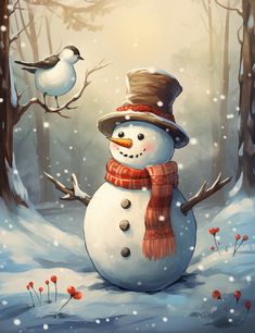 a snowman with a hat and scarf standing next to a bird in the woods