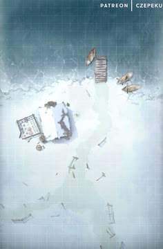 an aerial view of a man laying on top of a bed in the middle of snow