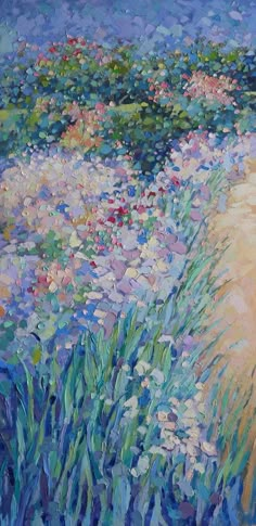 an oil painting of flowers and grass on a blue background with white, pink, yellow and green colors