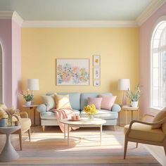 a living room filled with furniture and yellow walls