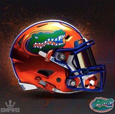 the florida gators football helmet is painted orange and blue with an alligator's head on it