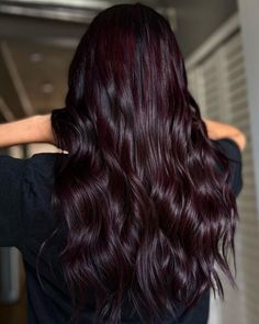 Black Red Cherry Hair, Black Tinted Red Hair, Cherry Coke Highlights On Black Hair, Red Toned Black Hair, Cherry Red Black Hair, Cherry Cola Hair Color Balayage, Dark Black Red Hair, Dark Cherry Chocolate Hair, Midnight Red Hair