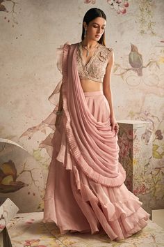 Ridhi Mehra | Femme Dusty Pink Drape Sharara Sari Set | INDIASPOPUP.COM Organza Ruffle Saree, Organza Sharara, Ridhi Mehra, Ruffle Saree, Embroidered Crop Tops, Drape Saree, Ruffle Fabric, Ready To Wear Saree, Sharara Set