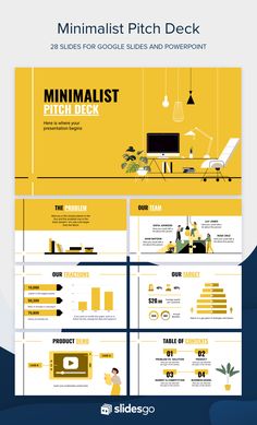 the minimalist pitch deck is shown in yellow and white