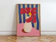 a painting with a flower in a vase on a table next to a striped wall