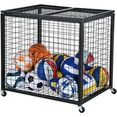 a large metal cage filled with balls and stuffed animals in it's side by side