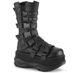 3" Platform Gothic Mid Calf Boots. Outer Side Gusset And Multi Straps. Side Quick Release Plastic Buckles. Inside Zip Closure. Faux Leather. Styles: Goth Punk Festival Party Tpen-210 Platform Shoes Boots, Alternative Shoes, Calf High Boots, Gothic Boots, Demonia Shoes, Festival Shoes, Vegan Leather Boots, Punk Boots, Pleaser Shoes