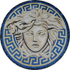 an image of a woman's face in the center of a circle with greek designs