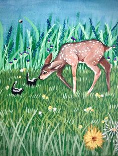 a painting of a fawn and her baby in the grass next to some flowers