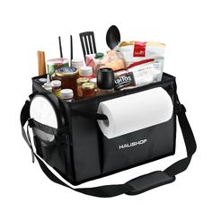 a cooler bag filled with food and utensils