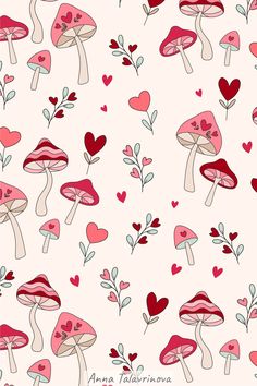 mushrooms and hearts on a pink background