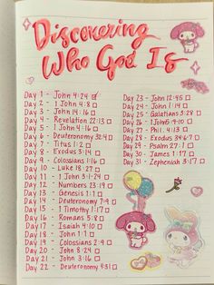 an open planner with stickers on it and the words discovering who god is written in pink