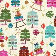 colorful christmas trees and sleds on a white background, with snowflakes