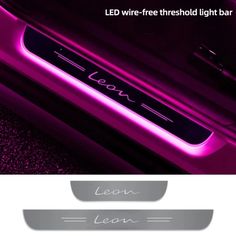 the front and side view of a car with purple light on it, which reads leon