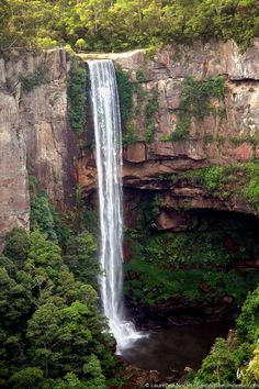 a large waterfall in the middle of a lush green forest