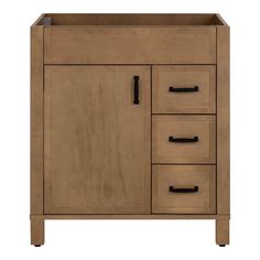 a wooden cabinet with black handles and drawers