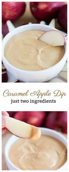 an apple dip in a white bowl with apples around it and the words, caramel apple dip just two ingredients