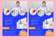 two medical flyers for doctors with images of the same person holding a heart in their hands