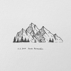 a drawing of mountains with trees in the foreground and an inscription that reads, i am