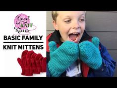 a young boy wearing knit mittens with the words, basic family knit mittens