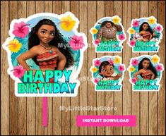 moan birthday stickers on a wooden background