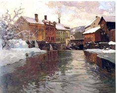 a painting of some buildings and water in the middle of snow covered ground with trees on either side