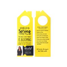 a yellow door hanger with the words hello spring on it and an image of a woman's face