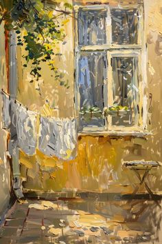 an oil painting of a window with clothes hanging outside