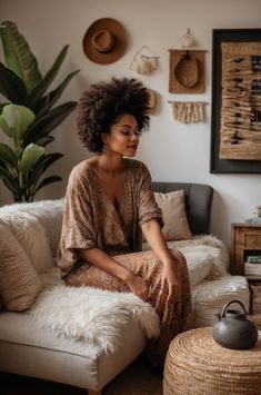 a woman sitting on top of a couch in a living room next to a potted plant