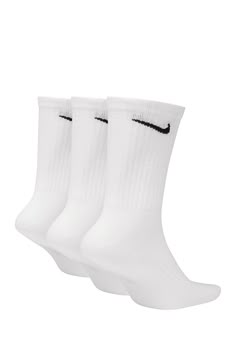 Power through your workout with the Nike Everyday Socks. Soft yarns with sweat-wicking technology help keep your feet comfortable and dry.- Pack of 3- Dri-FIT technology helps your feet stay dry and comfortable.- Crew silhouette covers your ankle and lower calf.- Ribbed cuffs help keep the socks in place.- Arch band provides a supportive feel.- Imported Machine wash    60% cotton/37% polyester/3% spandex Hogh Socks, High Ankle Socks, Long White Nike Socks, Preppy Nike Socks, White Nike Socks Outfit, Nike Clothes Women, Nike Socks Women, Nike Shocks, White Nike Socks