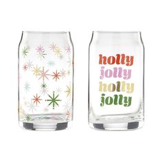 two glasses with different designs on them sitting next to each other in front of a white background