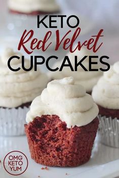 red velvet cupcakes with white frosting on top and the title overlay reads keto red velvet cupcakes