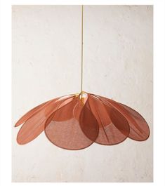 a light hanging from the ceiling with three petals attached to it's sides and two strings