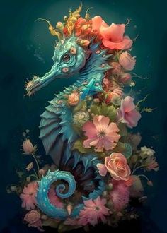 a blue seahorse with flowers on its head and tail is standing in the water