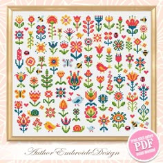 a cross stitch pattern with flowers and birds on it, in the shape of a frame