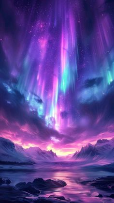 the aurora bore is glowing brightly in the night sky over mountains and water with purple clouds