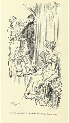 an old drawing of a man standing next to a woman