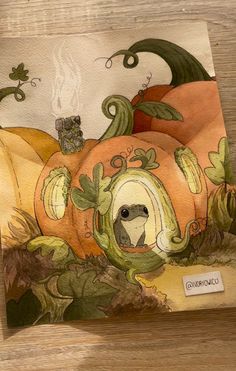 there is a card with an image of a dog in a pumpkin costume on it